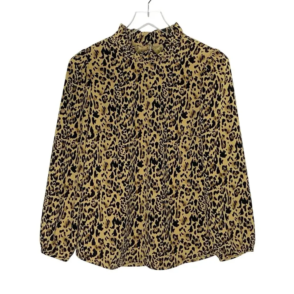J.Crew Long Sleeve Ruffle Neck Blouse Top S Leopard Animal Print Brown Black